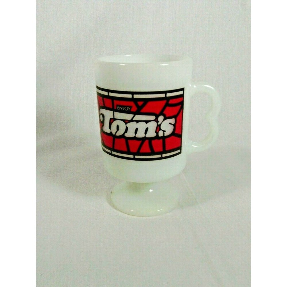 Vintage Enjoy Tom's Footed Milk Glass Mug Made In USA Butterfly or Heart Handle